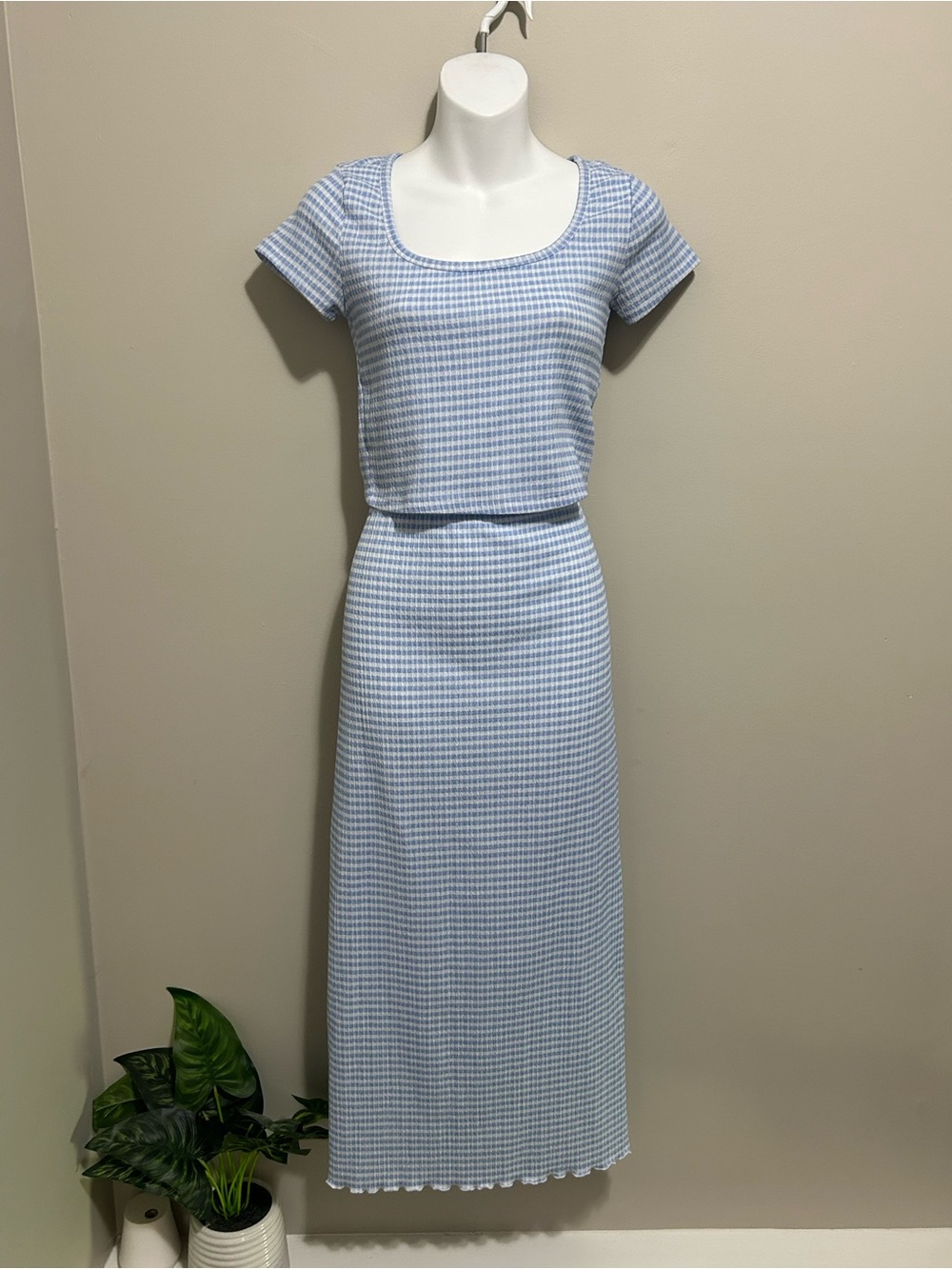 Blue/White Gingham Skirt Set Top S Skirt M